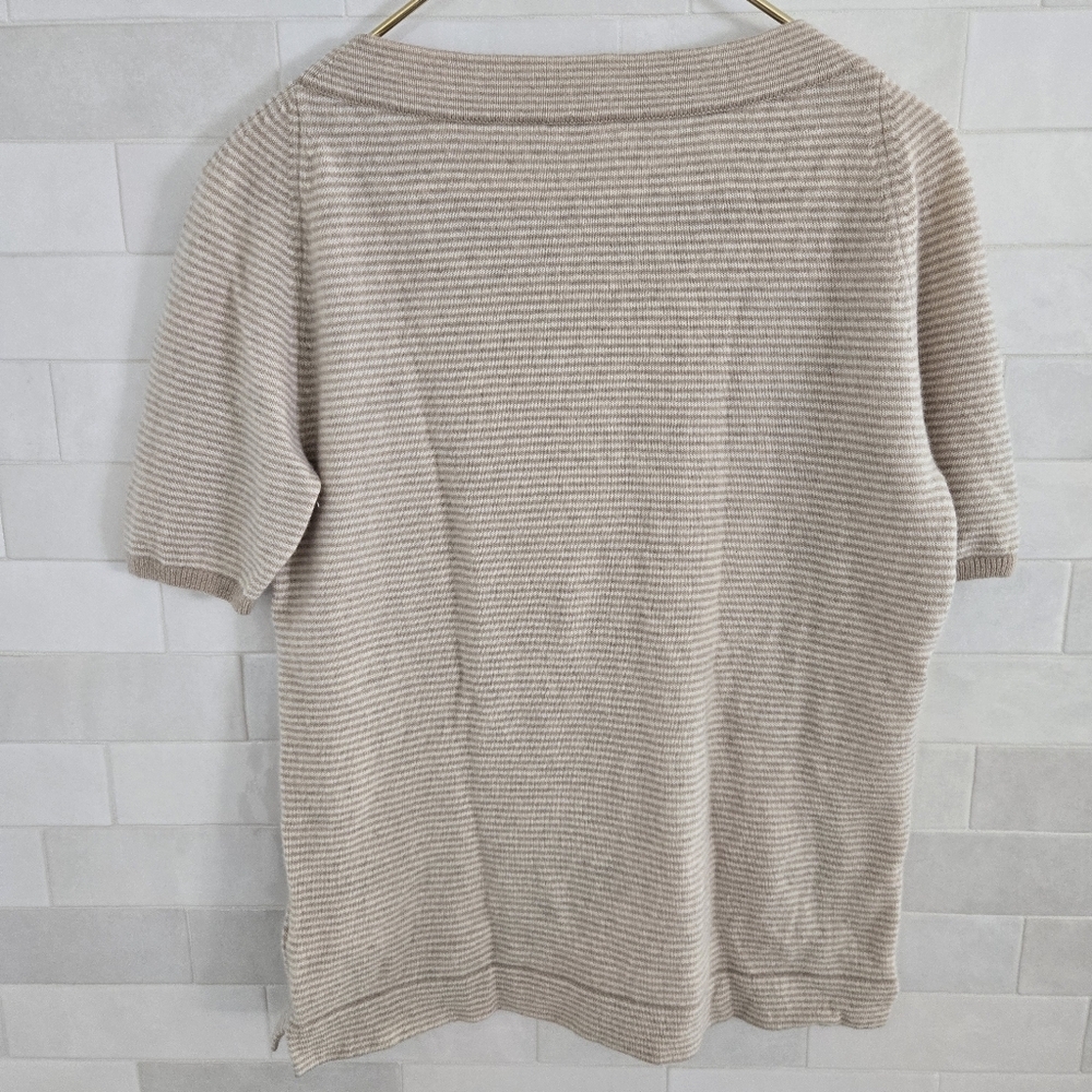 Bogner 100% Cashmere Wool Knit Short-Sleeve Striped Sweater Top Beige Cream Tan - Picture 9 of 10